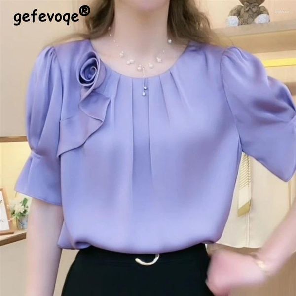 Blusas de Mujer, ropa con volantes 3D, flores elegantes, Moda de verano, camisas de manga corta con cuello redondo sólido, Blusa de Mujer Moda 2024