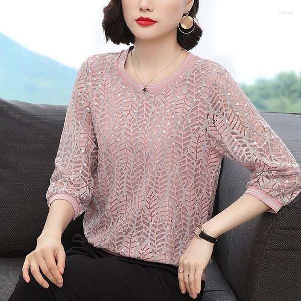 Blusas de Mujer Ropa Elegante Blusa Empalmada de Encaje Casual O-Cuello Primavera Verano Manga 3/4 Suelta Viaje Coreano Camisa Estampada de Lunares