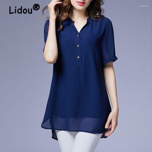 Blouses pour femmes vêtements été mode col en V Simple élégant décontracté solide à manches courtes chemises irrégulières femme ample tunique hauts