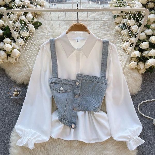 Blouses Femmes Clothland Femmes Élégant Denim Blouse Costume À Manches Longues Chemise Blanche Avec Camis Mode Femme Mignon Deux Pièces Ensemble LB089