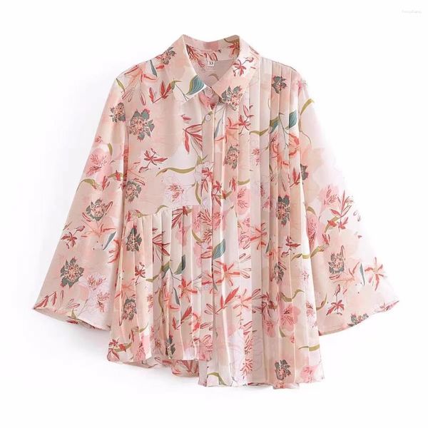 Blouses Femmes Clothland Femmes Doux Blouse Plissée Florale Conception Asymétrique Chemise À Manches Longues Rose Mignon Casual Tops Blusa LA874