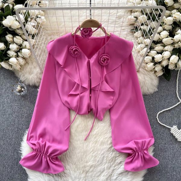 Blouses pour femmes Clothland femmes doux chemisier à volants col en V fleur cravate cloche manches chemise mignon femme chic hauts Blusa Mujer LB078