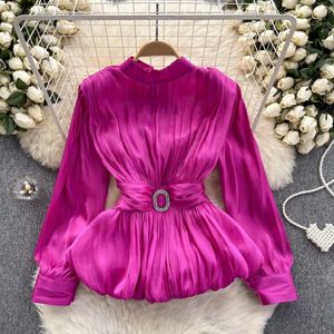 Women's Blouses Clothland Women Vintage Belt Blouse Back Bow Tie lange mouw shirt retro vrouwelijke mode casual tops blusa mujer lb105