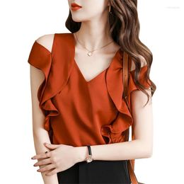 Blusas de mujer Blusa de mujer con volantes de seda con cuello en V Blusas para mujer Tops y caídas