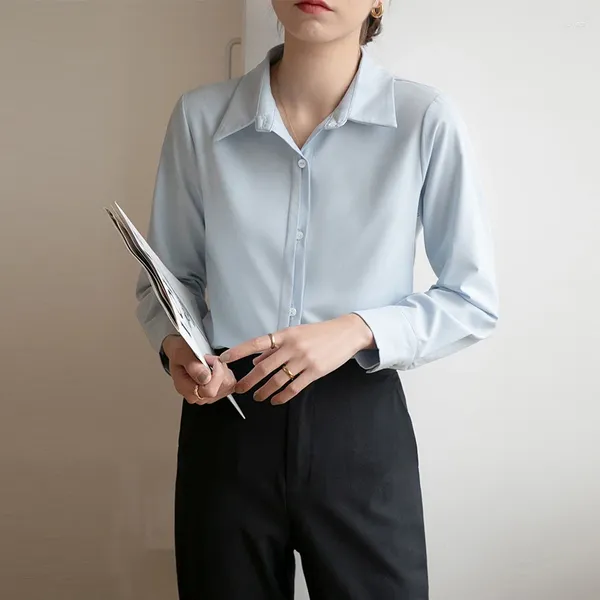 Blouses pour femmes Coigarsam Shirt Womens Tops printemps 2024 Office Lady Korea Style Longue Linette Solide Saisie Blue Blue Shirts