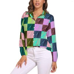 Blusas de mujer, blusa colorida con bloques de colores, tablero de ajedrez, divertida camisa personalizada de manga larga para mujer, camiseta de moda urbana, Top de gran tamaño para primavera