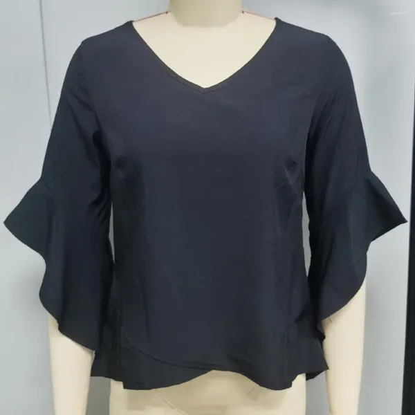 Blusas de mujer Cómoda blusa de otoño Suave y transpirable Cuello en V Primavera Verano Top con mangas tres cuartos irregulares Sólido para damas