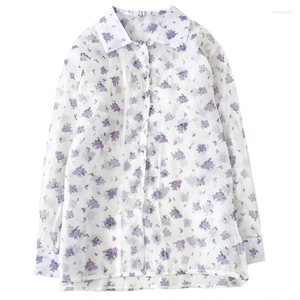 Blouses pour femmes confortables Summer Light Purple Flower Cold-Down Buttond Button Loose Lot à manches longues