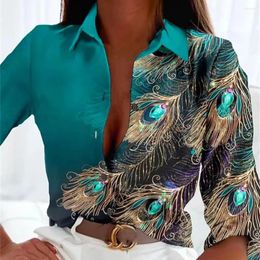 Women voor blouzen forens blouse veerafdruk met één borsten met een borsten Gemstone revers top voor streetwear lente herfstmode lang