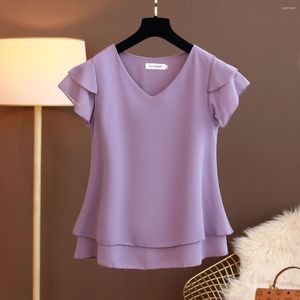 Women's Blouses Forens Elegante solide kleur los shirt voor vrouwelijke zomermode Casual Purple Purple V-Neck korte mouw vrouwen kleding A26
