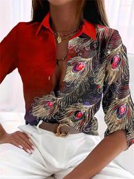 Chemisiers pour femmes bureau de banlieue dames mode plume imprimé simple boutonnage mince chemises décontractées pour les femmes revers haut