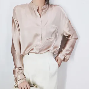 Women's Blouses Forens Stand-Up kraag zijden crêpe satijnen champagne roze button-down shirt vrouwen