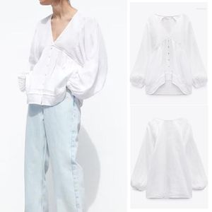 Women's Blouses Cos Lris Summer Women's Simple and Versatile White White V-Neck Casual Loose Vertical Lace Linen Blouse 3245/707