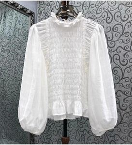 Blouses Femmes Coton 2023 Automne Hiver Style De Mode Tops Femmes Col À Volants Motifs Plissés À Manches Longues Casual Chemisier Blanc