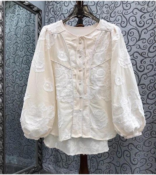 Blusas de mujer algodón 2024 Primavera Verano estilo de moda mujeres encaje bordado Deco linterna manga Casual suelta Tops camisas blanco