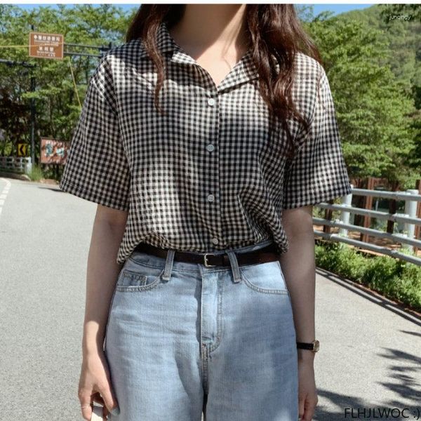 Chemisiers pour femmes mélanges de coton chemises à carreaux hauts courts mignon doux japon filles femme 2023 été col en V bouton
