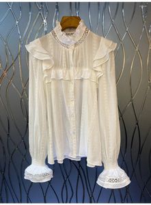 Blouses Femmes Chemisier en coton 2023 Printemps Été Mode Chemises blanches Haute Qualité Femmes Crochet Dentelle Volants Déco À Manches Longues Casual