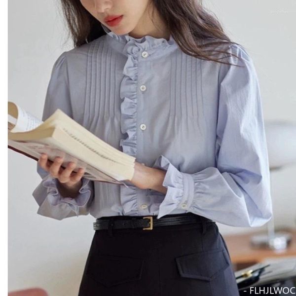 Blouses pour femmes Cotton chic corée mignon Blue Blanc Shirt Design Femmes Japon Filles Sweet Vintage Retro Flare Sleeve Button Ruffles Tops