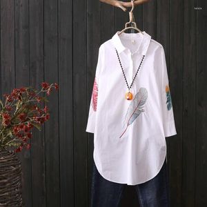 Women's Blouses katoenen veer borduurwerk lange blouse dames 3/4 mouw kunst losse witte en tops knop naar beneden shirts