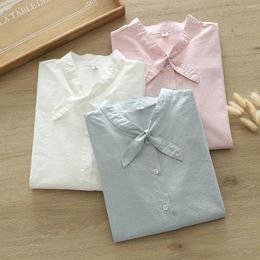 Blouses pour femmes Coton pour femmes Printemps Tops Mori Girls Style japonais Sweet Bow Rose Blanc Bleu Chemises de base solides Vêtements Lolita