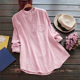 Damesblouses Katoen Linnen Oversized Blouse Dames Grote maten Opstaande kraag Lange mouw Casual losse tuniek Tops Zak Effen Elegant overhemd