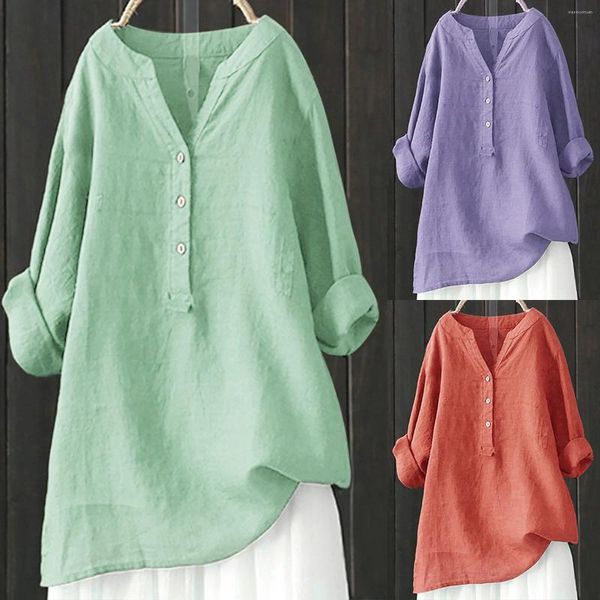 Blusas de mujer Camisa de lino de algodón Blusa Bohemia Color sólido Manga larga Botón Cuello en V Túnica Harajuku Tops sueltos y