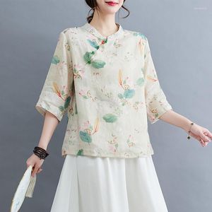 Chemisiers pour femmes coton lin chemise pour femmes été 2023 en imprimé fleuri Style chinois ample septième manches Vintage haut col rond