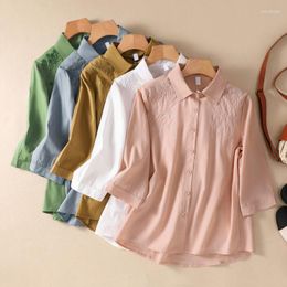 Blusas de mujer camisa de lino de algodón verano 2023 bordado Vintage suelta manga corta Top Floral señoras ropa YCMYUNYAN