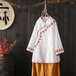 Chemisiers pour femmes chemise en coton et lin femmes à manches longues décontracté chemises blanches femmes hauts et Vintage chinois traditionnel Ching
