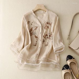 Blusas de mujer camisas de lino de algodón verano 2024 bordado estilo chino suelta manga corta Top ropa Vintage YCMYUNYAN