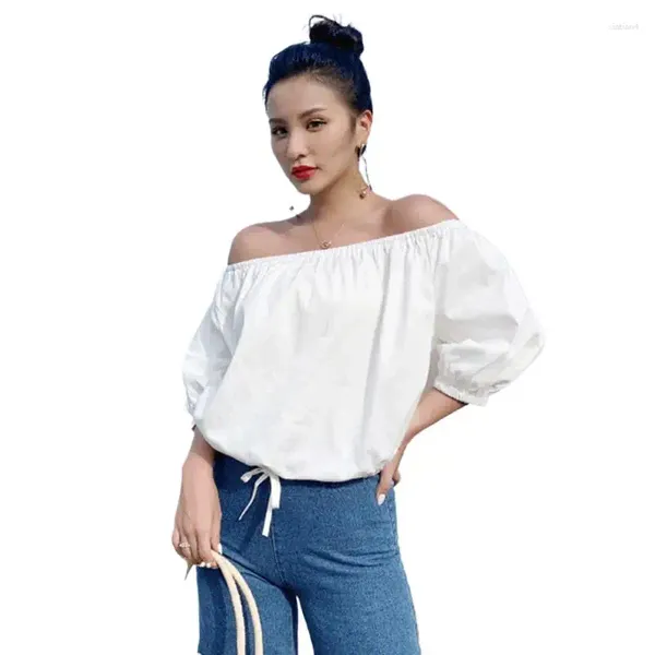 Blouses pour femmes coton lin d'été Femmes Short Shirt Slash Cou Solide Fashion Ladies Lantern Sleeve Casual Tops Chic Vêtements