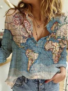 Blusas de mujer, blusa de lino y algodón para mujer, blusa con estampado Digital 3D de estrella de mapa, cárdigan con botones de solapa para mujer, camisa con plumón, camisas de verano 2023