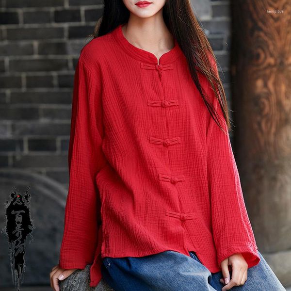 Chemisiers pour femmes Coton Lin Femmes Chemise Rouge Printemps Style Chinois Traditionnel Ramie Femme Cardigan Lâche Vintage Dames Tops Rétro Filles