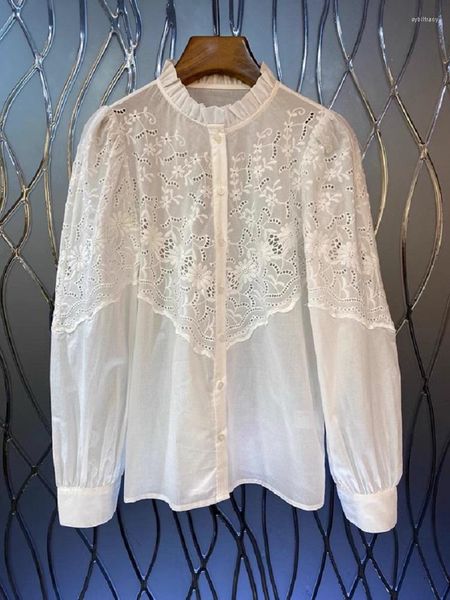 Blusas de mujer camisas de algodón 2023 estilo de moda de otoño mujeres ahuecadas bordado Deco manga larga Casual botón blanco OL