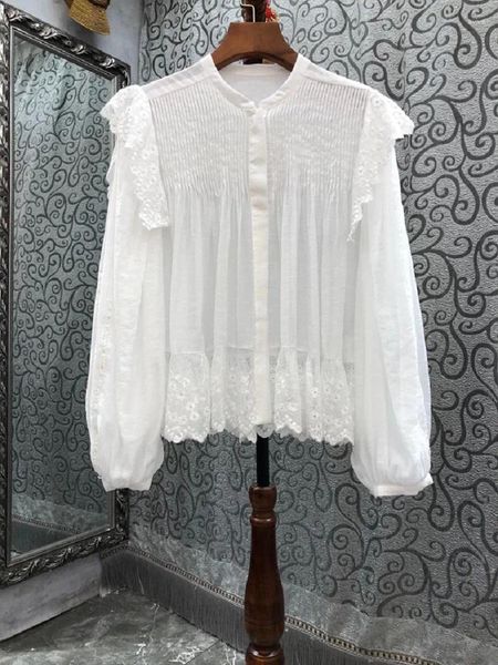 Blouses pour femmes Chemises en coton 2024 Style d'été Femme Lace Lace Ruffle Floral Déco Long Sleeve Elegant White Black OL