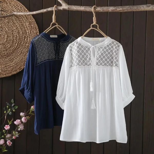 Blouses pour femmes Chemises en coton et femmes Automne Style mexicain Ethnique Col montant Blanc Bleu Marine Chemise Brodée Gypsy Top