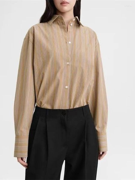 Blouses pour femmes Coton Femmes Couleur de contraste Stripe Silhouette Shirt Loose Turn-Down Collier Long Manche féminine Spring Summer 2024