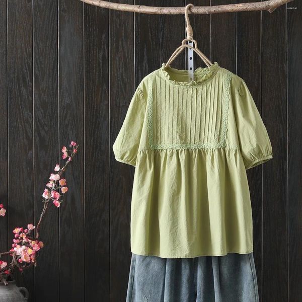 Blusas de algodón para mujer, Tops de verano de estilo japonés, camisas sólidas bordadas en verde con cuello levantado, dulce pijo bohemio