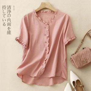 Damesblouses katoen houten oor rand v-neck korte mouwen blouse vrouwelijke zomer Koreaanse versie van de veroudering van buitenlandse stijl losse fashi