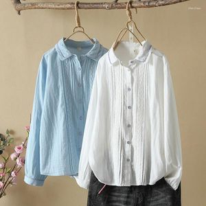 Blusas de hilo de algodón para mujer, camisas azules elegantes para mujer, Tops de tallas grandes, blusa de retazos bordada de encaje a la moda coreana