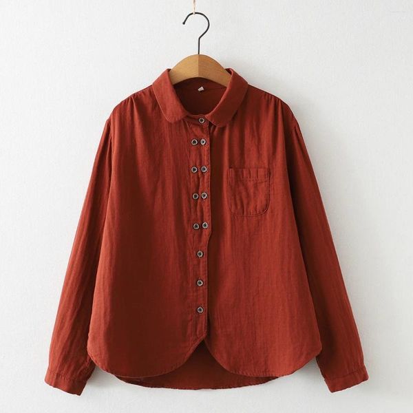 Blusas de mujer Hilo de algodón Rojo oscuro Mujeres Primavera Top Mori Girl Estilo japonés Breve Casual Cruzado Camisas con respaldo sólido Alto