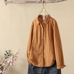 Blouses pour femmes Fil de coton Orange Mori Girl Style japonais Bref Vintage Manches longues Col rabattu Chemises à dos solide Haut haut