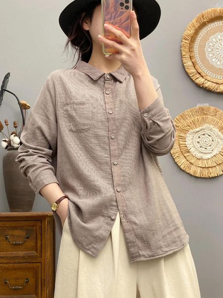 Blouds à carreaux en coton pour femmes 2024 Japan mode Chemises à carreaux kaki