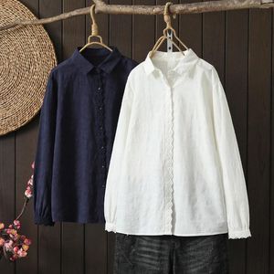 Blouses pour femmes Chemises en fil de coton Femmes Japon Style Blanc Navy Blue Lace Solide à manches longues Tops Soft Base Shirt Plus taille Vêtements