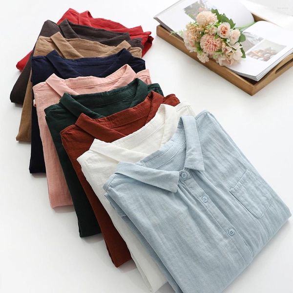 Blusas de mujer Camisas de hilo de algodón Mujer 2024 Estilo japonés Sólido Manga larga Tops para mujer Camisa base suave y amigable para la piel Ropa de talla grande