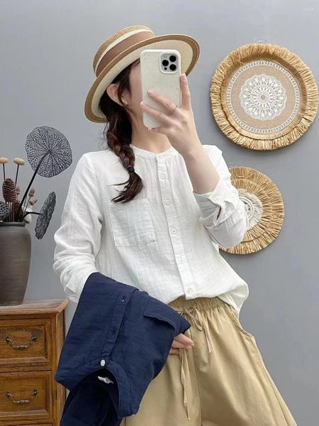 Blusas de mujer de hilo de algodón blanco para mujer 2024 estilo japonés cuello alto camisas de manga larga sólidas Y2k Top Vintage