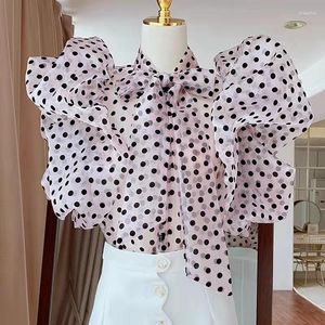Blouses Court Style Crop Top Vintage Perspective Organza Polka Dot Shirt Bow Lantern Sleeve Blusas Mujer Sexy Blouse Blouse Black