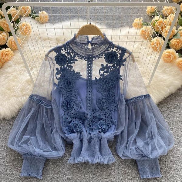 Blouses Femmes Court Style Femmes Tops 3D Crochet Floral Sheer Mesh Patchwork Femme Blusas De Mujer Dames Lanterne Manches Blouse Goutte