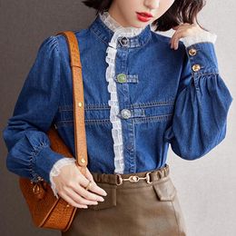 Dames blouses cowboy kanten ruches Koreaanse mode vrouw 2023 lange mouwen kantoor dames dames formele shirts blusas para mujer tops