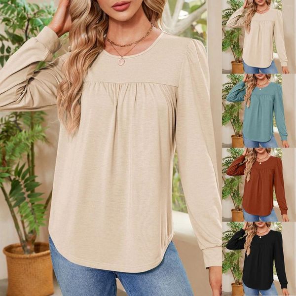 Blusas de mujer con cuello redondo de manga larga para mujer básica informal suelta ocultar el vientre túnica fluida Tops otoño camisas plisadas Jersey Blusas